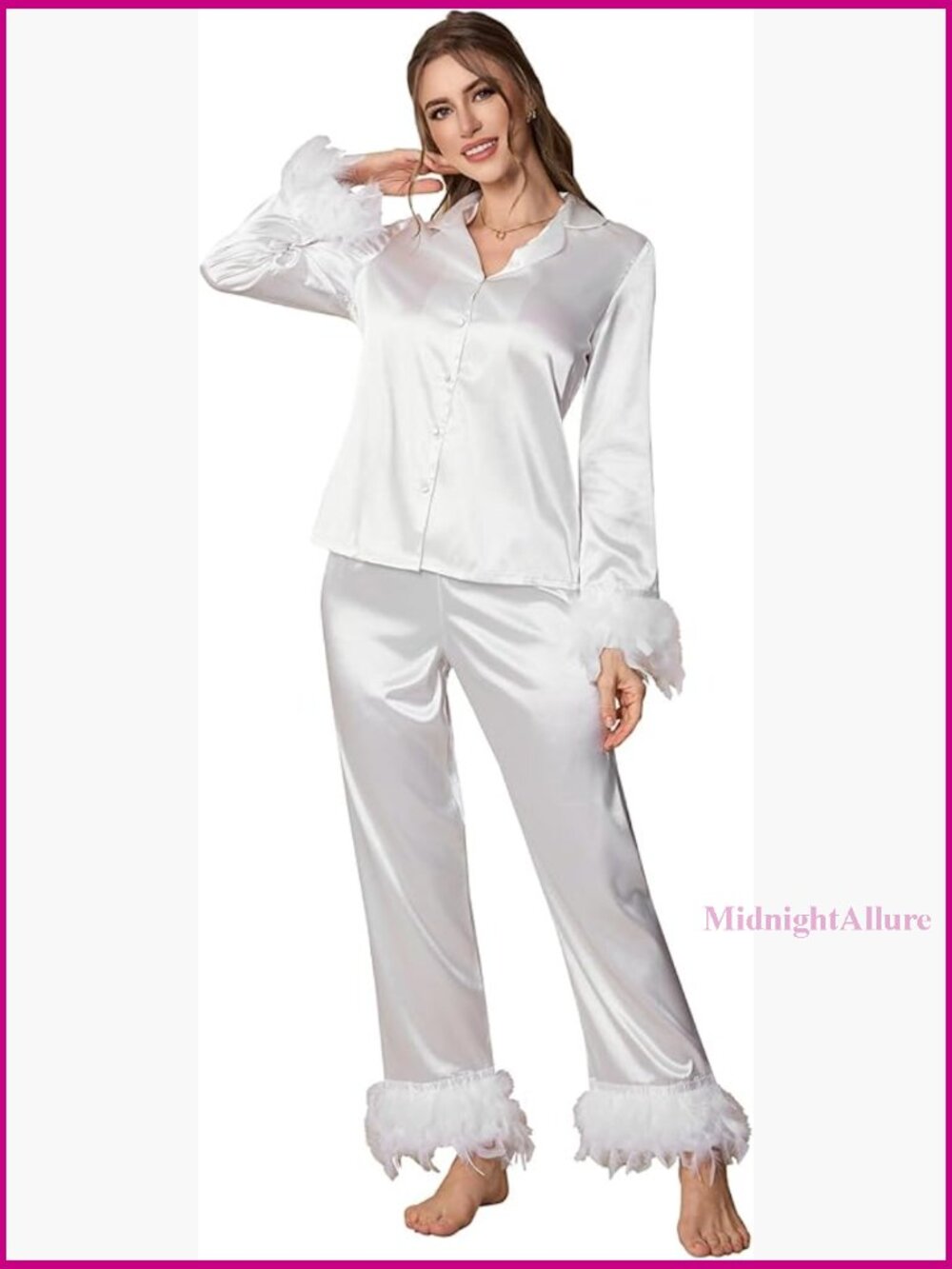 Satin Pajama Set With Fuzzy Trim, Long Sleeve Button Down & Pants